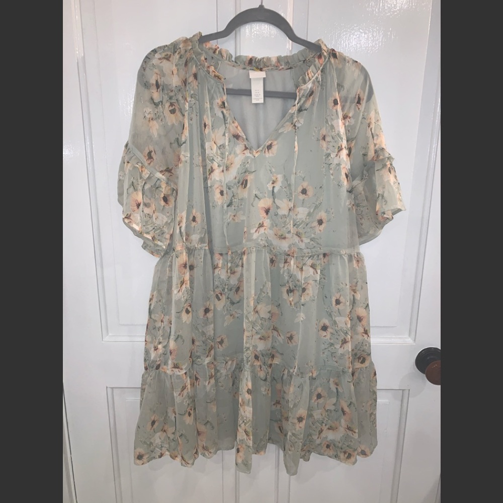 H&M green floral chiffon dress size 10